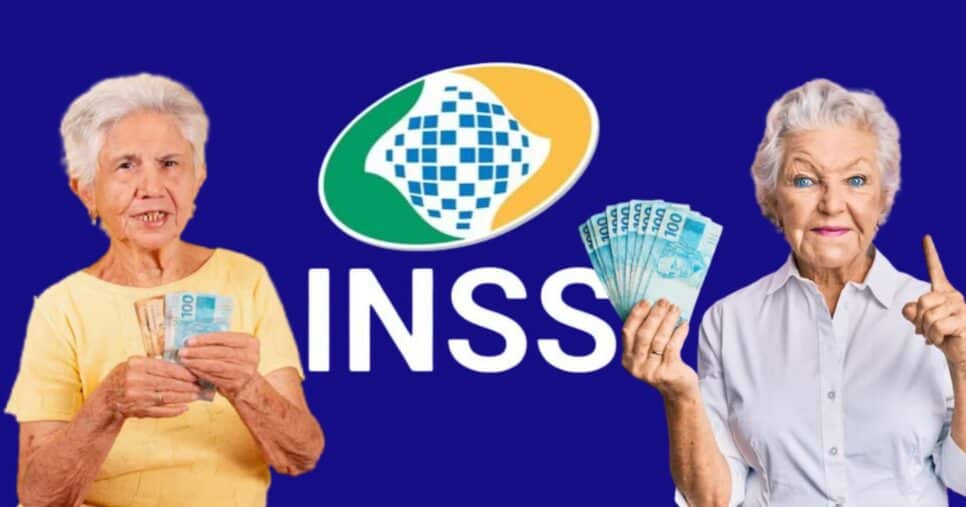 Logo do INSS e idosas segurando notas de real (Fotos: Reproduções / Internet / Freepik)