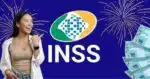 Mulher feliz, fogos de artifício, notas de cem reais e logo do INSS (Fotos: Reproduções / Canva / Internet)