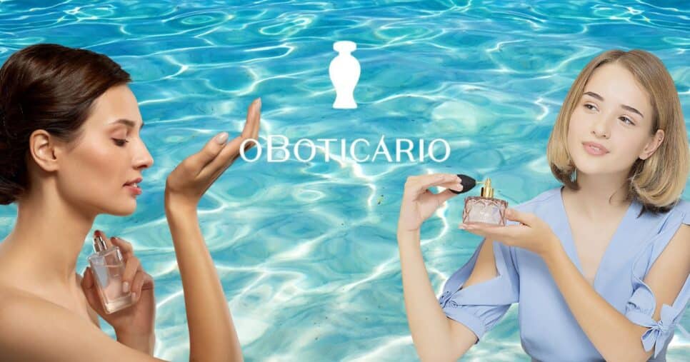 Mulheres passando perfume e logo do Boticário (Fotos: Reproduções / Canva / Internet)