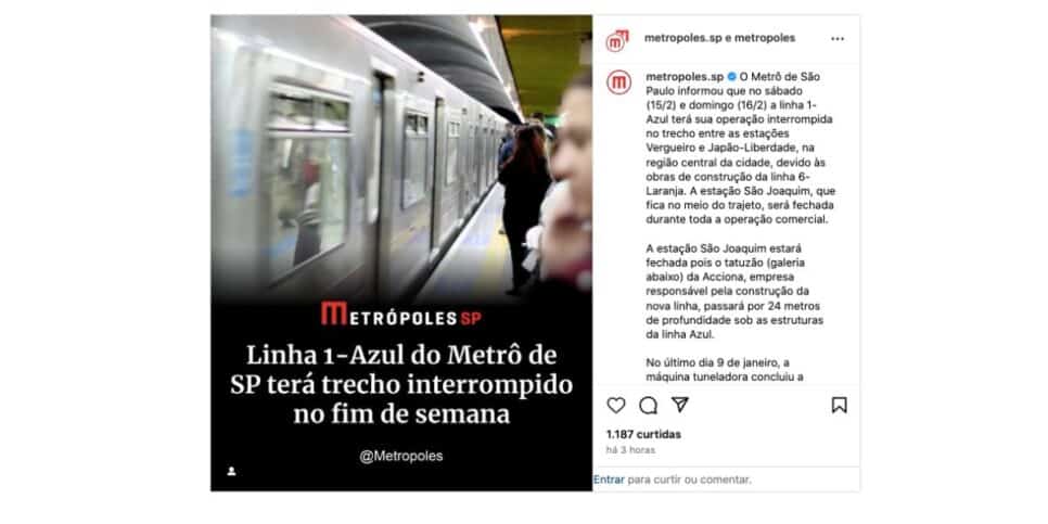 Notícia do metrô (Foto: Reprodução / Instagram)
