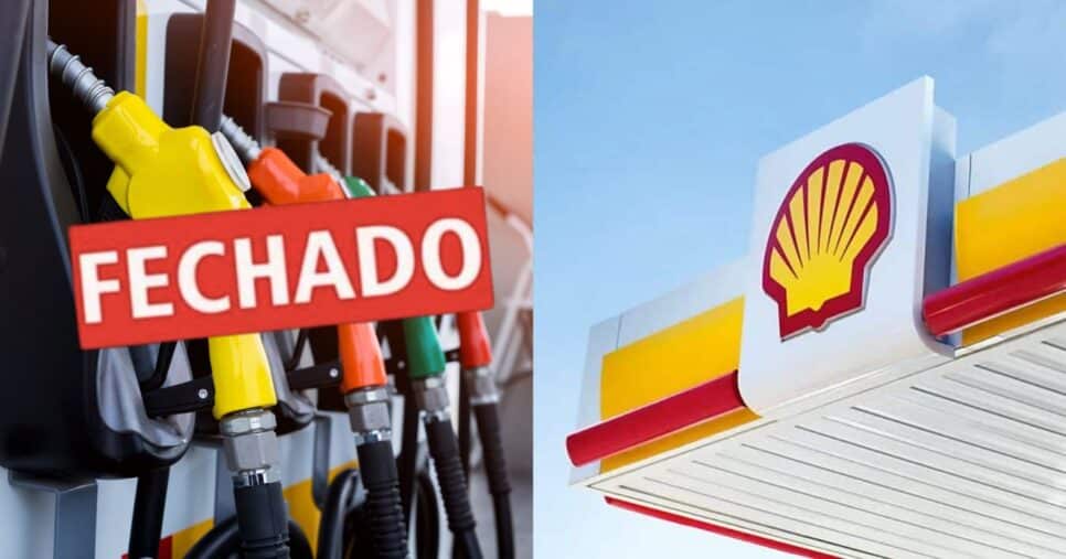 Posto de gasolina, placa fechada e shell (Fotos: Reproduções / Canva / site oficial da Shell)