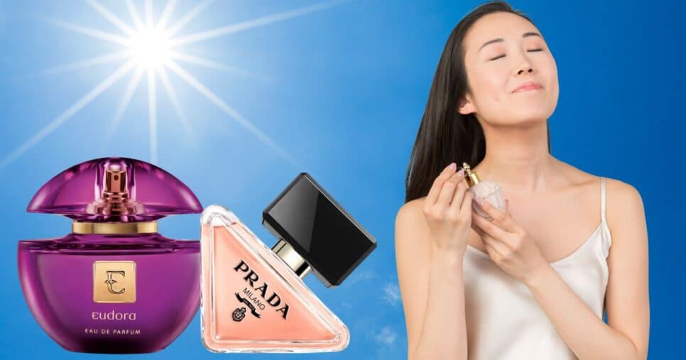 Produto Eudora, Prada e mulher passando perfume (Fotos: Reproduções / Internet / Canva)