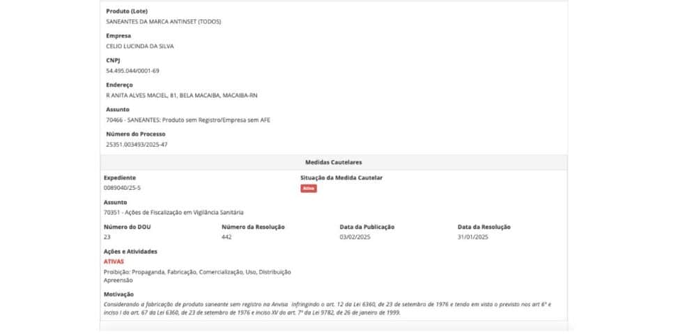 Proibição Anvisa contra saneantes (Foto: Reprodução / site oficial) 