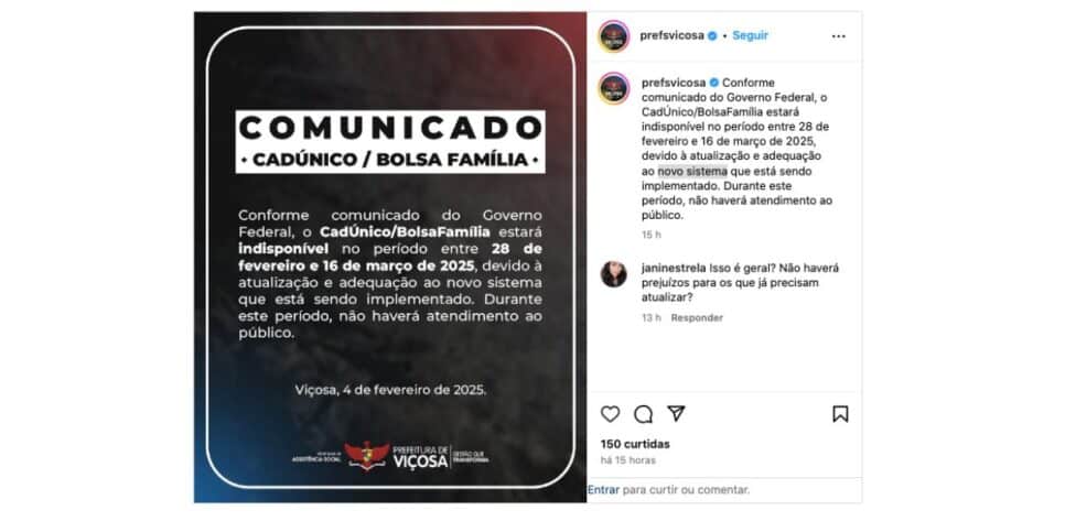 Publicação Prefeitura de Viçosa (Foto: Reprodução / Instagram) 