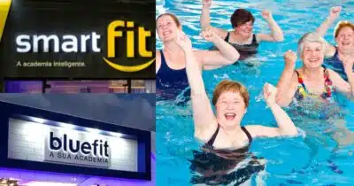 Smart Fit, Bluefit e idosas na hidroginástica (Fotos: Reproduções / Internet / Divulgação / Canva)