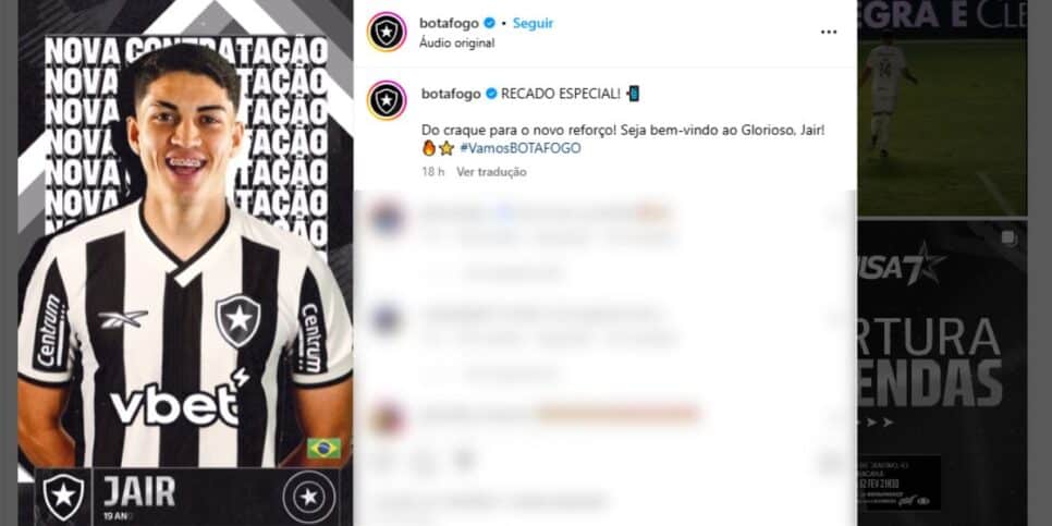 Anúncio do Botafogo sobre a chegada de Jair (Reprodução: Instagram)