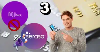 Homem feliz, cartões de crédito, logo do Nubank e Serasa (Foto: Reprodução / Canva / Montagem TV Foco)