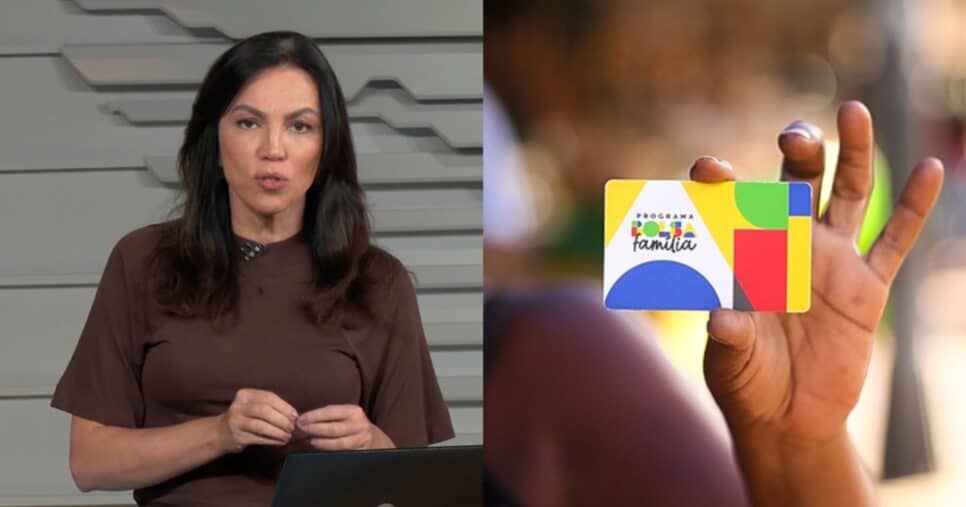 Ana Paula Araújo no Bom Dia Brasil e mulher segurando cartão do Bolsa Família (Fotos: Reproduções / Globo / Lyon Santos / MDS)
