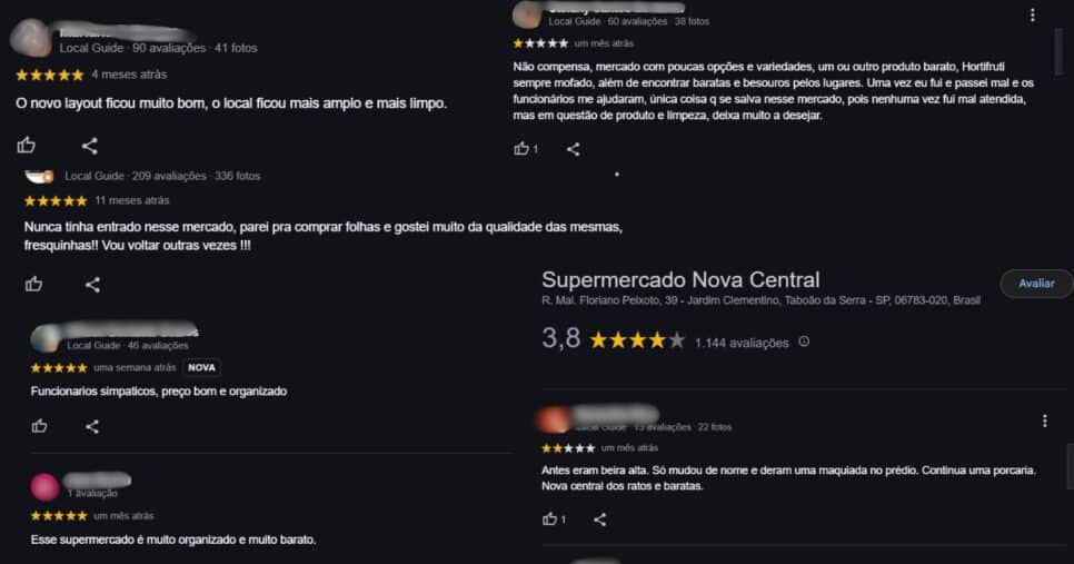 Avaliações positivas e negativas sobre o supermercado atualmente (Foto Reprodução/Montagem/Tv Foco/Maps)