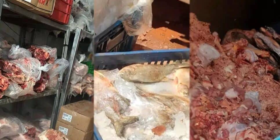 Carne podre apreendida e descartada, após operação em açougue de supermercado, em Campo Grande (Foto Reprodução/YouTube)