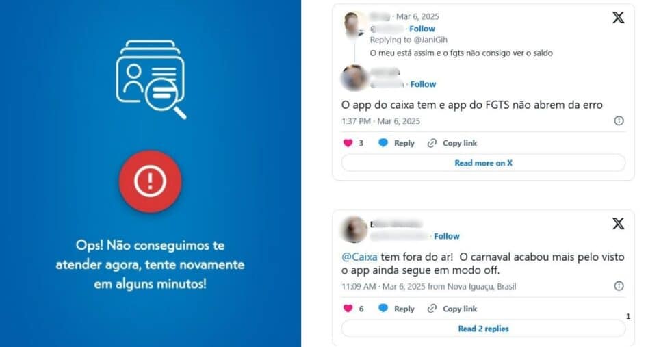 Mensagem que trabalhadores recebiam via app do CAIXA Tem e FGTS/Reclamações pelas redes sociais (Foto Reprodução/Montagem/Tv Foco/G1/X)