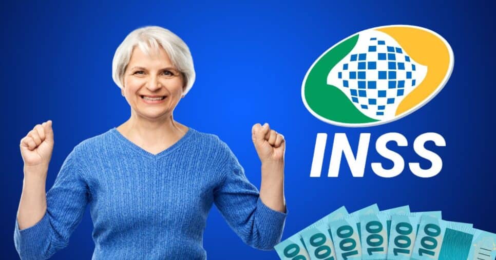 Idosa, notas de cem reais e logo do INSS (Fotos: Reproduções / Canva / Internet)