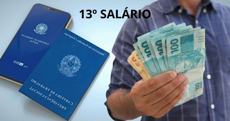 Ilustração 13º salário, carteira de trabalho e homem com dinheiro (Fotos: Canva)