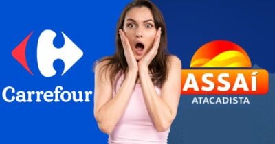 Logo Carrefour, mulher chocada e logo do Assaí (Fotoss: Reproduções / Internet / Canva)