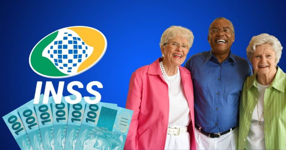 Logo do INSS, notas de cem reais e idosos (Fotos: Reproduções/ Internet / Canva)