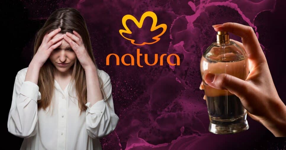Mulher triste, logo Natura e perfume (Fotos: Reproduções / Canva / Internet)