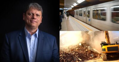 Tarcísio de Freitas, ilustrações do metrô e demolição (Fotos: Reproduções / Celso Tavares/g1 / Canva)