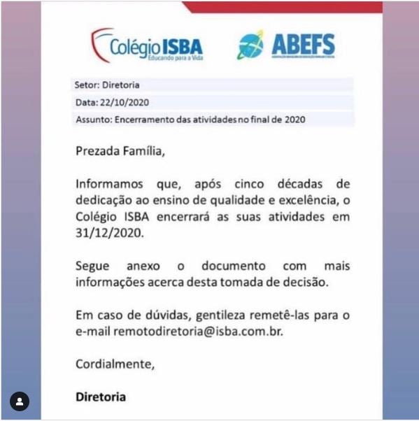 Comunicado sobre encerramento - Foto: Instagram