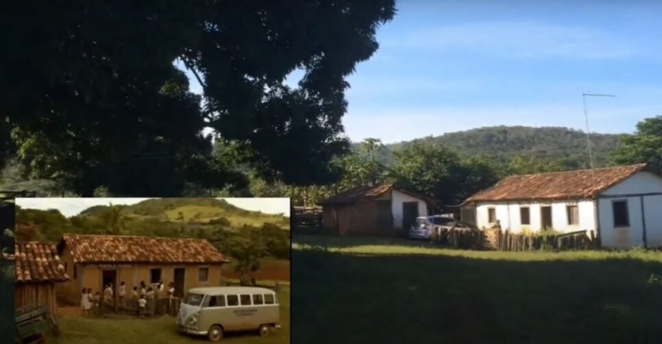 Foto da casa do sítio na época que a família Camargo morava lá e como está o local em 2025 (Foto: Reprodução/ Internet)