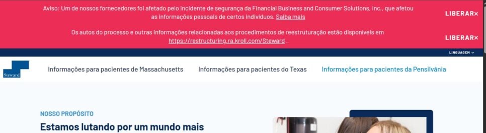 Alerta no topo do site oficial da Steward Health Care, direcionando para os documentos do processo (Foto Reprodução/Site oficial)