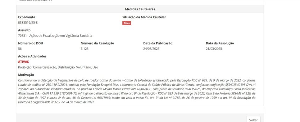 Resolução parte 1 contra o lote da canela moída (Foto Reprodução/ANVISA)