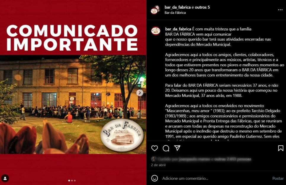 Comunicado do Bar e Restaurante da Fábrica nas redes sociais (Foto Reprodução/Instagram)