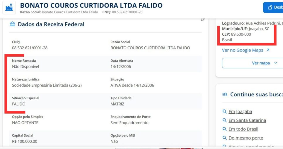 Bonato Couros já consta como empresa falida (Foto Reprodução/Econodata)