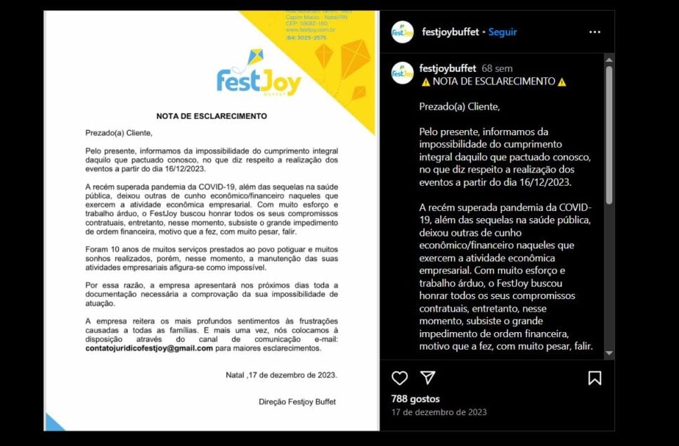 Comunicado público sobre a falência da Fest Joy (Foto Reprodução/Instagram)