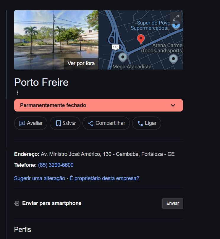 Porto Freire já consta como permanentemente fechada (Foto Reprodução/Google)