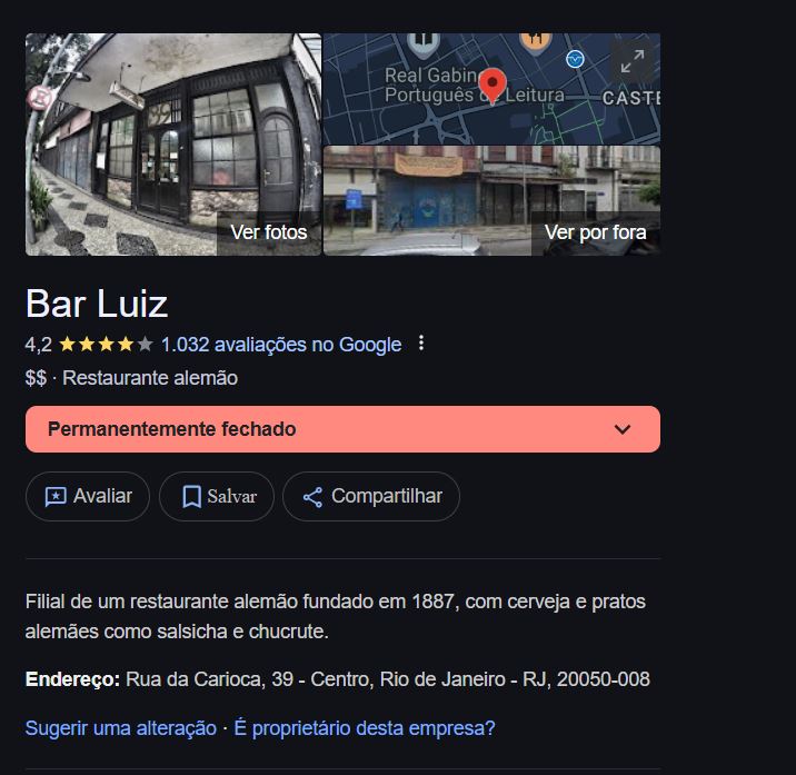 Bar Luís já consta como encerrado permanentemente (Foto Reprodução/Google)