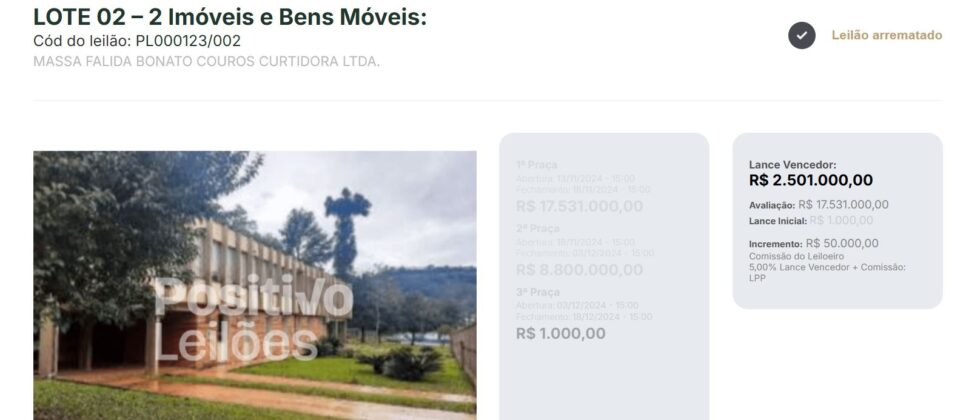 Imóvel da Bonato Couros divulgado no leilão da Positivo (Foto Reprodução/site oficial)