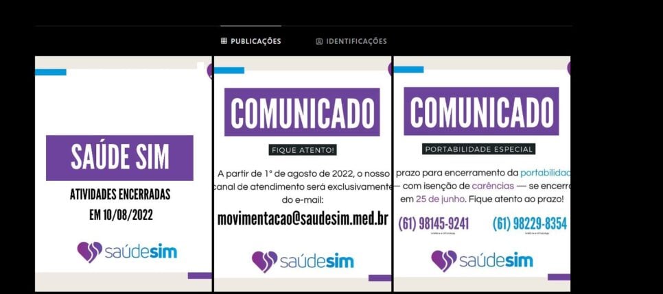 Comunicados sobre o fim de atividades do plano Saúde Sim pelas redes sociais (Foto Reprodução/Instagram)