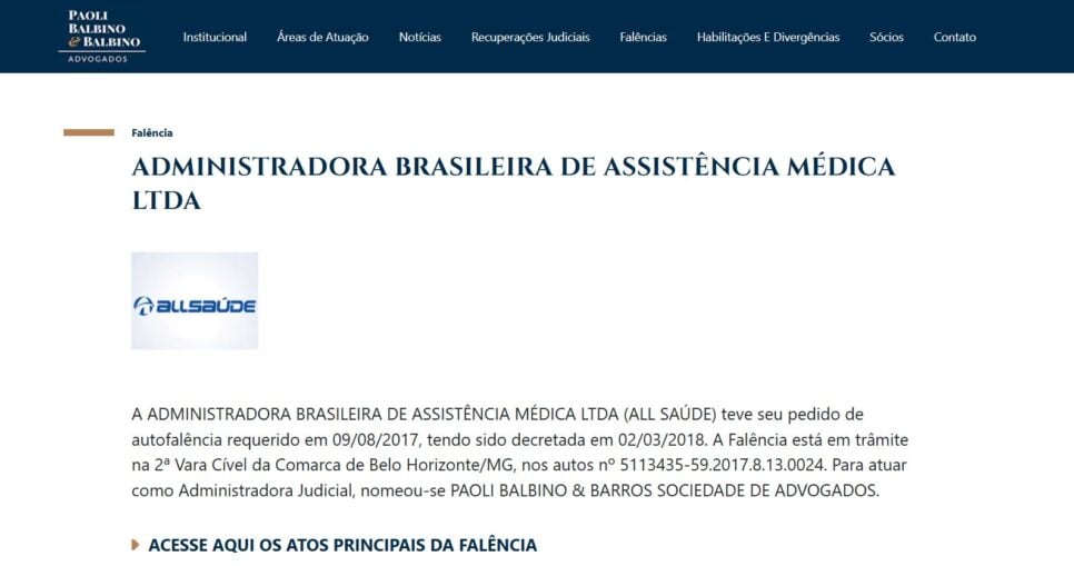 O processo da falência do plano de saúde All Saúde segue com o Paolli Bambino (Foto Reprodução/site oficial)