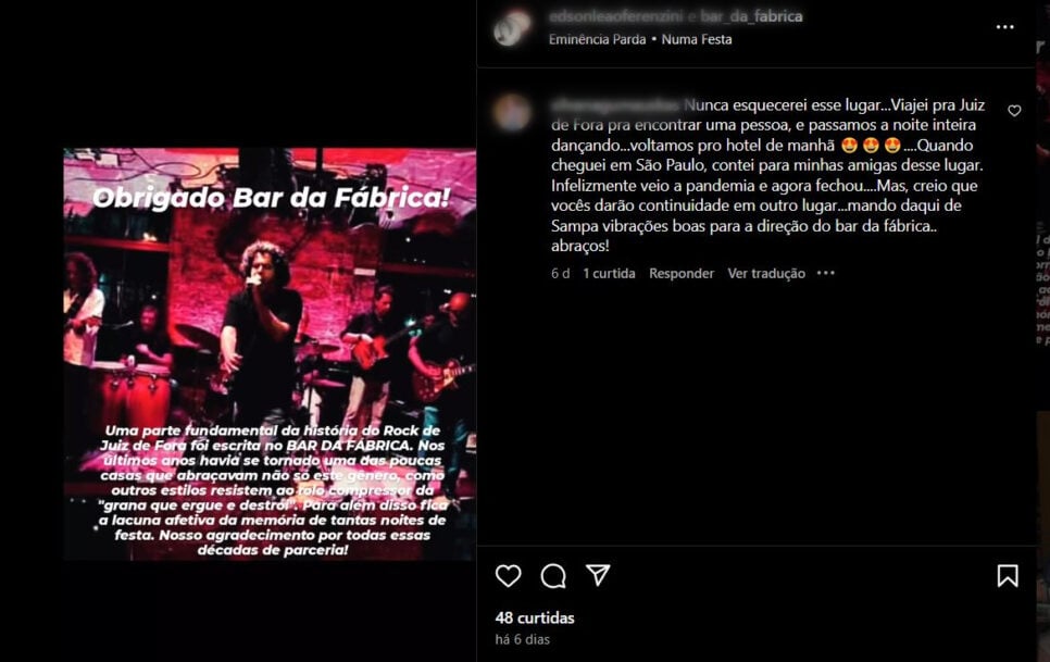 Nota de agradecimento um frequentador em homenagem ao Bar da Fábrica pelo Instagram (Foto Reprodução/Instagram)