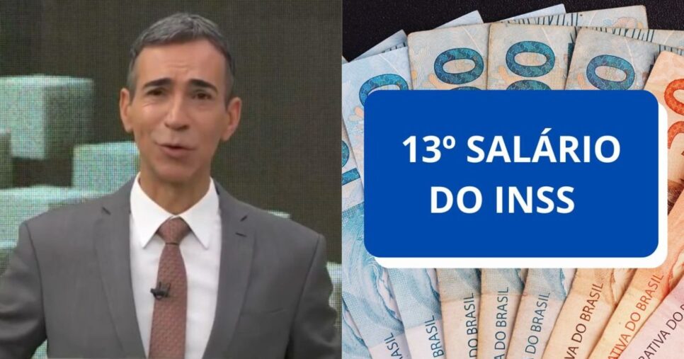 César Tralli no Jornal Hoje e ilustração 13º salário do INSS (Fotos: Reproduções / Globo / Canva)