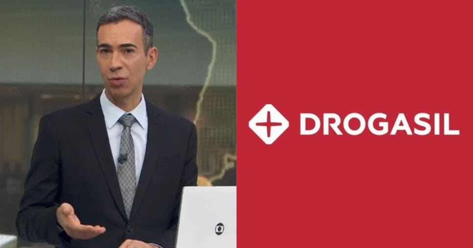 César Tralli no Jornal Hoje e logo Drogasil (Fotos: Reproduções / Globo / Internet)