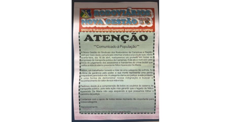Comunicado Sindicato (Foto: Reprodução / CBN Campinas)