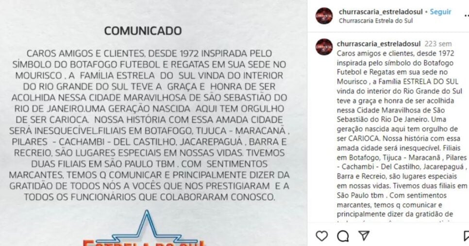 Comunicado do fechamento de restaurante