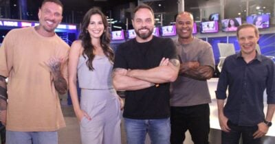 Elenco Bola na Rede: Guilherme Pallesi (Guipa), Iara Oliveira, Marcio Spimpolo, Marcos Assunção e Fernando Fontana (Fefon) - créditos Divulgação RedeTV!