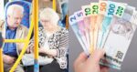 Idosos em ônibus e notas de Real (Fotos: Canva)