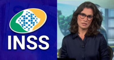 Logo do INSS e Renata Vasconcellos no Jornal Nacional (Fotos: Reproduções / Internet / Globo)