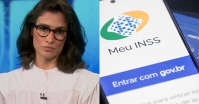 Renata Vasconcellos no Jornal Nacional. e aplicativo do INSS (Fotos: Reproduções / Globo / Governo Federal)