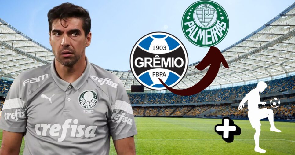 Abel Ferreira, logo do Grêmio, logo do Palmeiras e jogador (Foto: Reprodução / Canva / PFC / Montagem TV Foco)