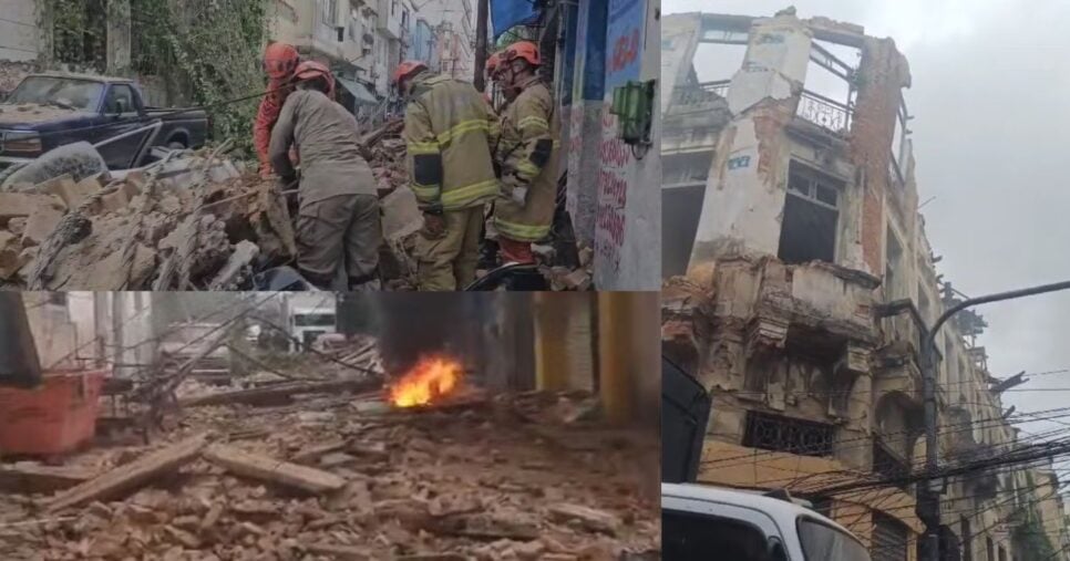 Imagens do Globocop com os destroços da demolição e desabamento (Foto Reprodução/Montagem/Tv Foco/Globo)