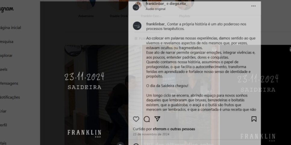 Franklin Bar no comunicado de fechamento (Reprodução: Instagram)