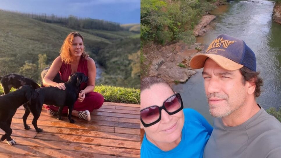 Laura Muller no rancho, ao lado de seus cachorros, e com o companheiro de vida (Fotos: Reprodução/ Instagram/ Montagem TV Foco)
