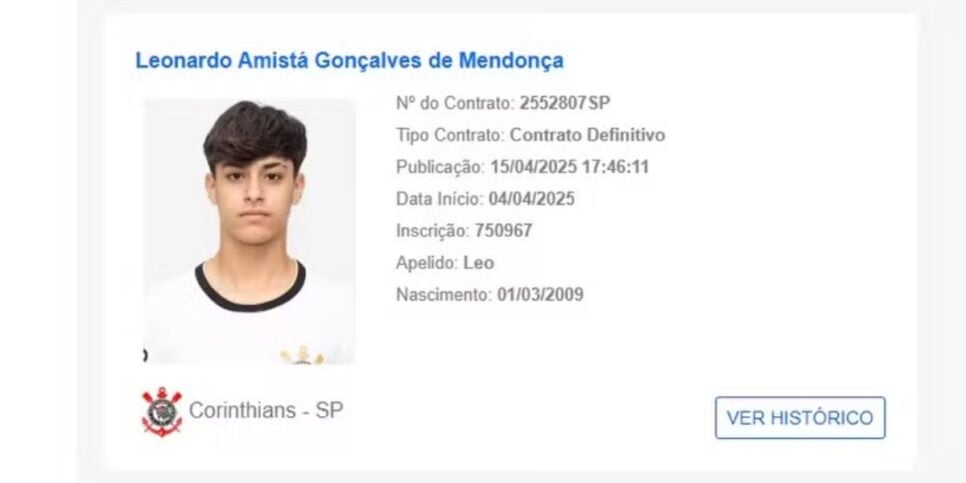 Léo Amistá em seu primeiro contrato profissional (Reprodução: CBF)