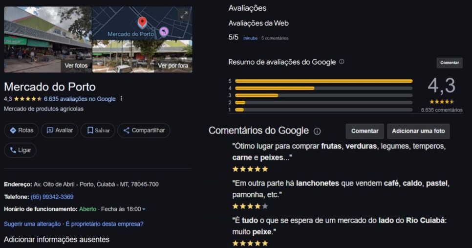 Avaliações do Mercado do Porto, em Cuiabá (Foto Reprodução/Google)