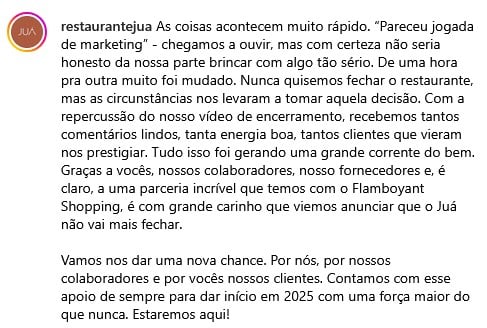 Comunicado oficial do Restaurante Juá (Foto: Reprodução / Instagram)