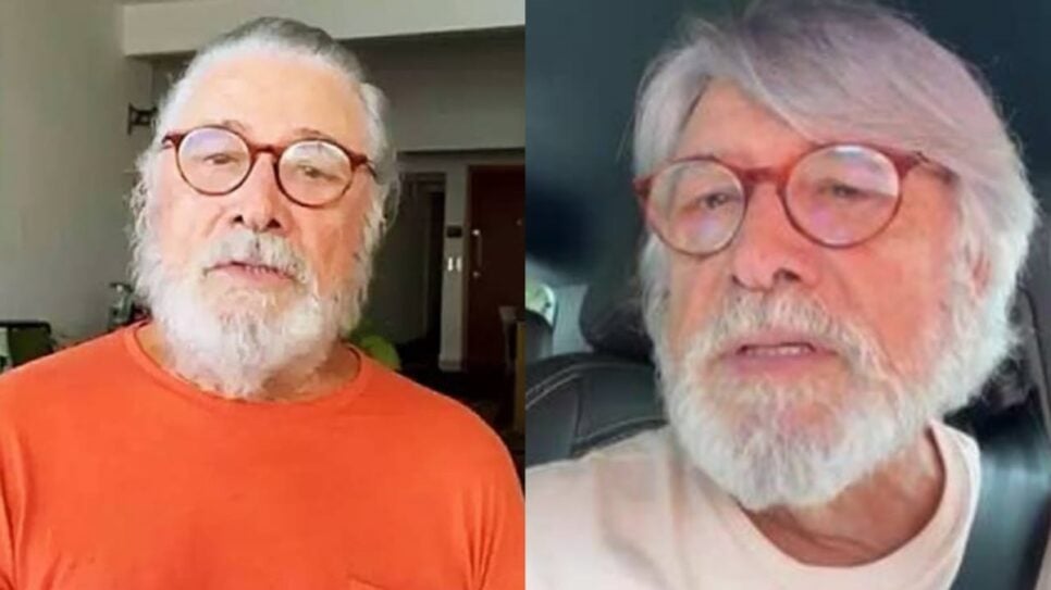 Sérgio Chapelin, aos 83 anos, está barbudo, com cabelos brancos e compridos (Fotos: Reprodução/ Globo/ YouTube/ Montagem)